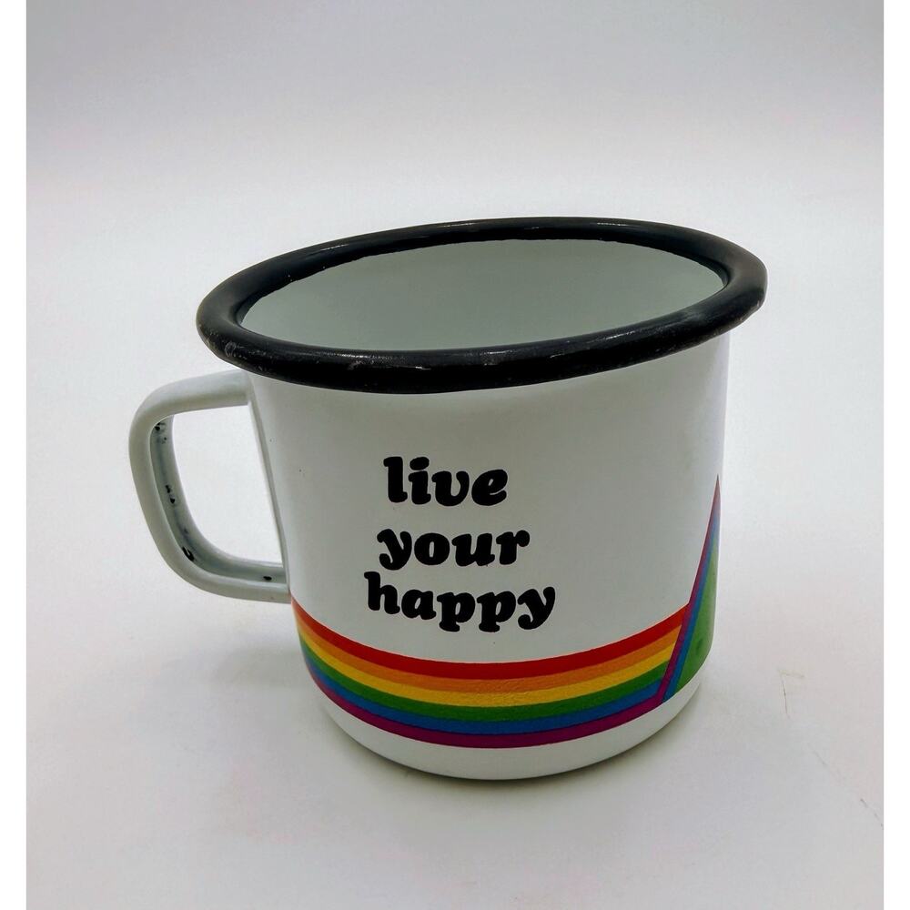 Vintage Style Rainbow Enamel Camp Mug Live Your Happy Coffee Cup